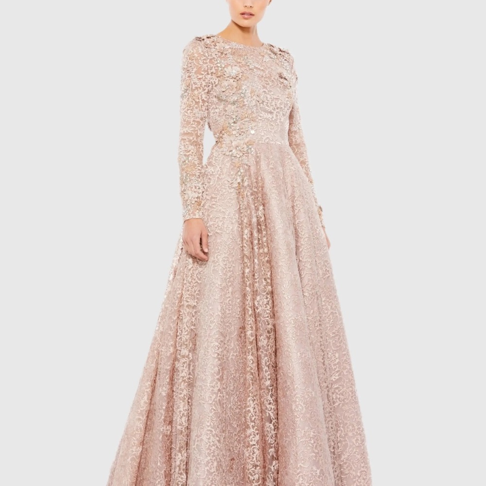 Mac Duggal Blush Pink Embellished Long-Sleeve Lace Gown